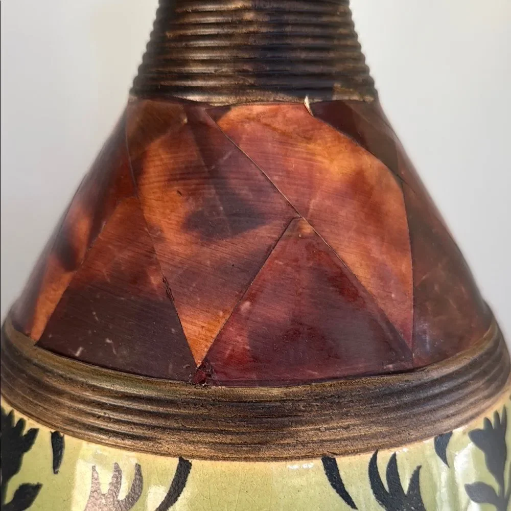 PIER ONE LARGE Decorative Ceramic Vase with Green Brown Black Pattern Decor